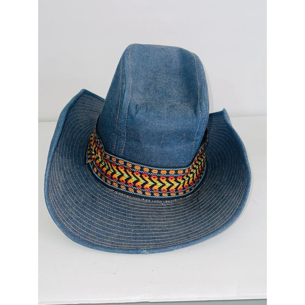 Vintage Resistol Stagecoach Blue Denim Western Cowboy Hat Aztec Band Size 7 3/8